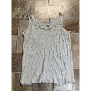 Retro 1X White Ribbed Tank Top‎ Rhinestone Pearl Embellished Sleeveless Shirt